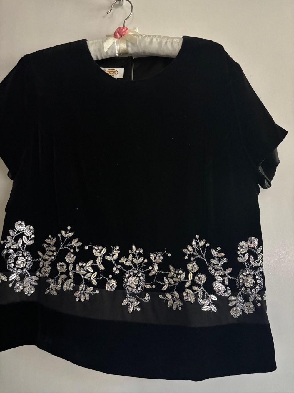 Talbots Black Short Sleeve Velvet Top with Silver Floral Embellishment